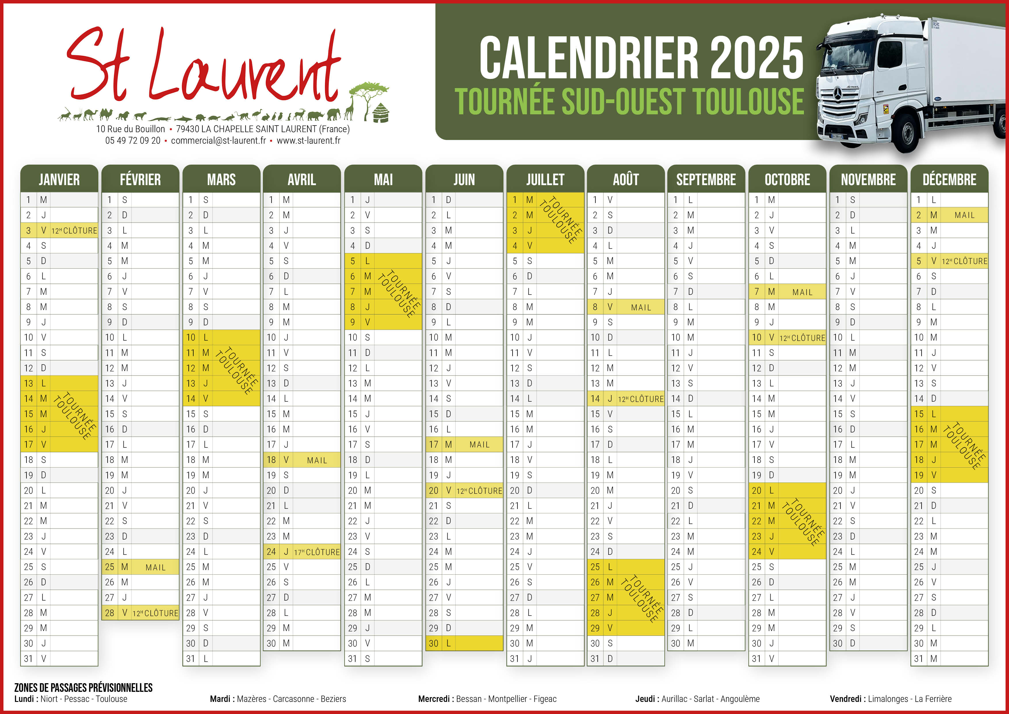 Calendrier tournée Sud-Ouest Toulouse 2025